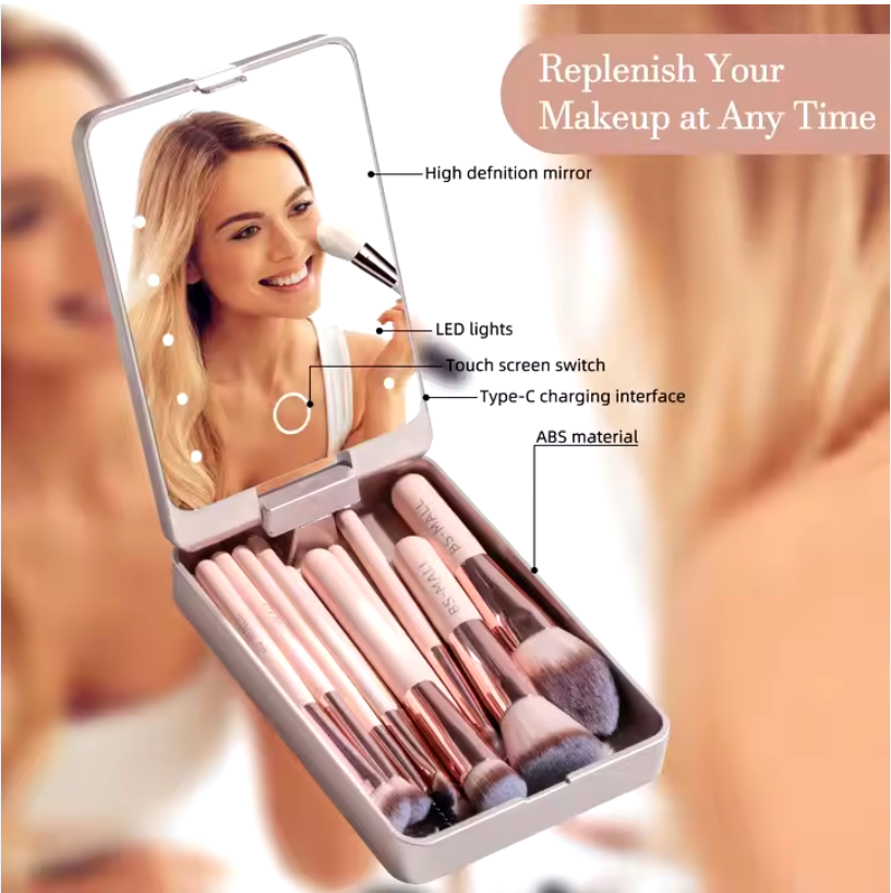 MAR'F Travel Makeup Brushes Set With LED Mirror