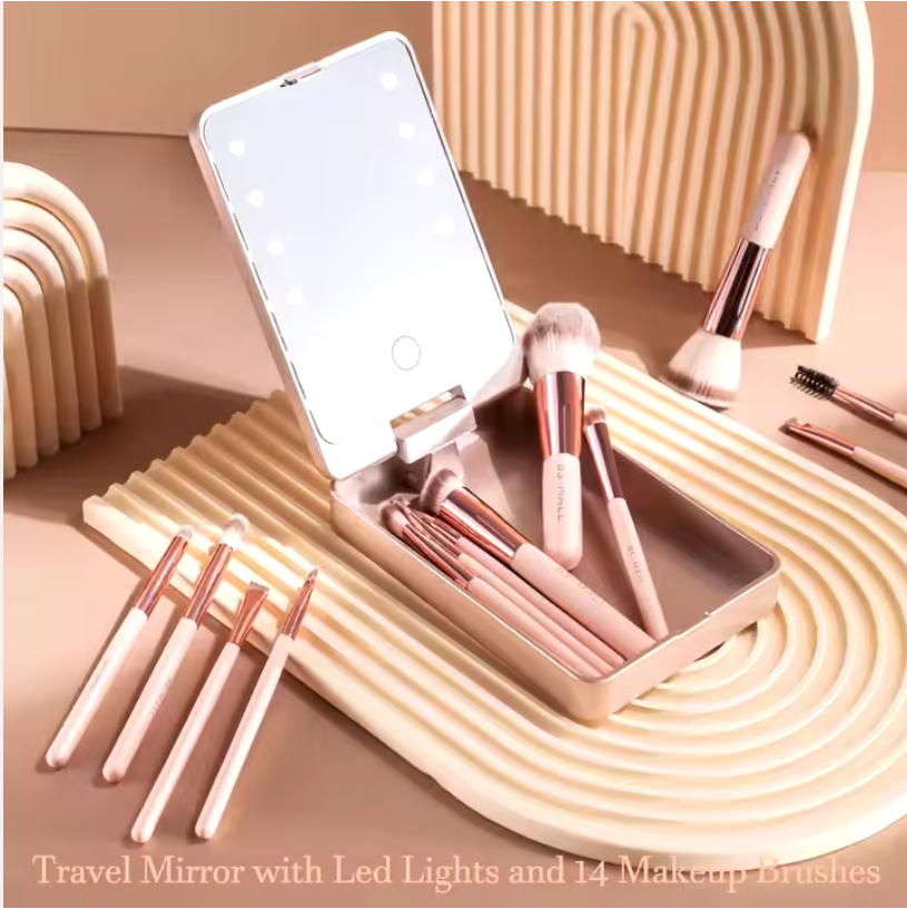 MAR'F Travel Makeup Brushes Set With LED Mirror